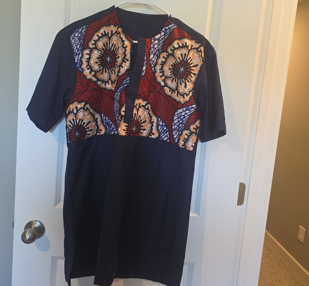 Men's Navy Short-Sleeve Dashiki Tee with Red & Gold Print
